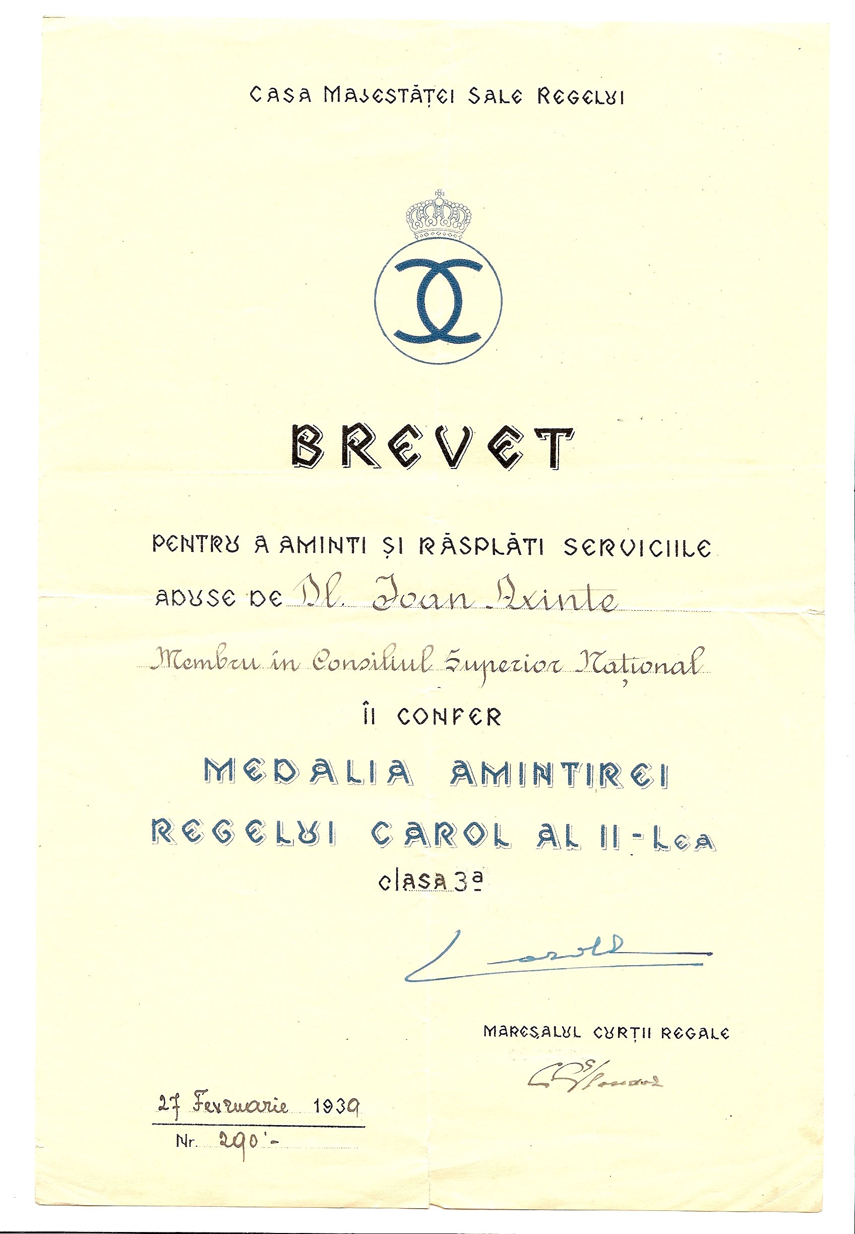 Axinte Ioan 1939 - Medalia Amintirei Regelui Carol II cl.3