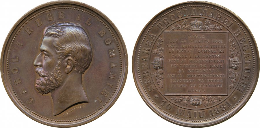 Carol I , Proclamation, 1881, bronze medal, by W. Kullrich, bare head l., rev. proclamation inscription on tablet with crown on each side, legend around, 58mm., toned, extremely fine &pound;120-150  - unsold.jpg