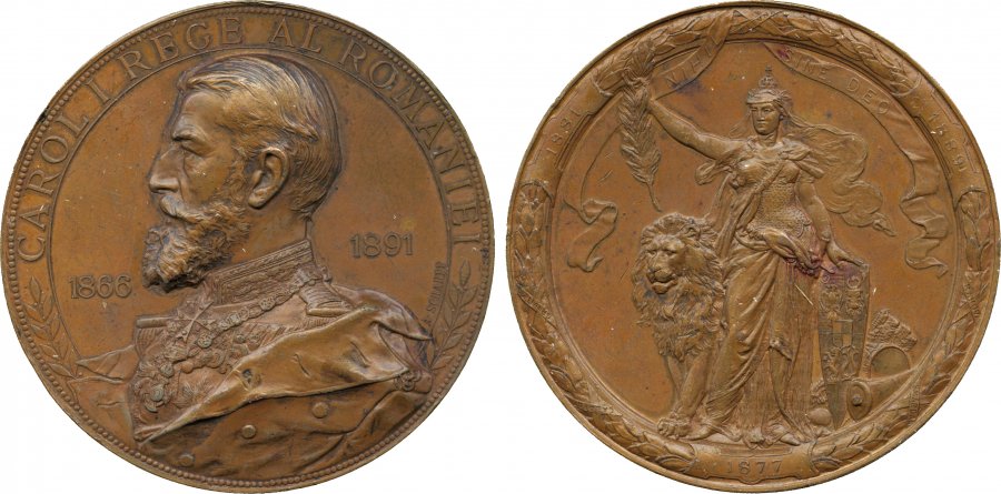 Carol I , 25 years of reign, 1891, bronze medal, by A. Scharff, bust l., rev. female figure with shield and holding aloft branch, a lion at her side, 64mm. (Buz. p.244), good very fine or better &pound;100-120  - unsold.jpg