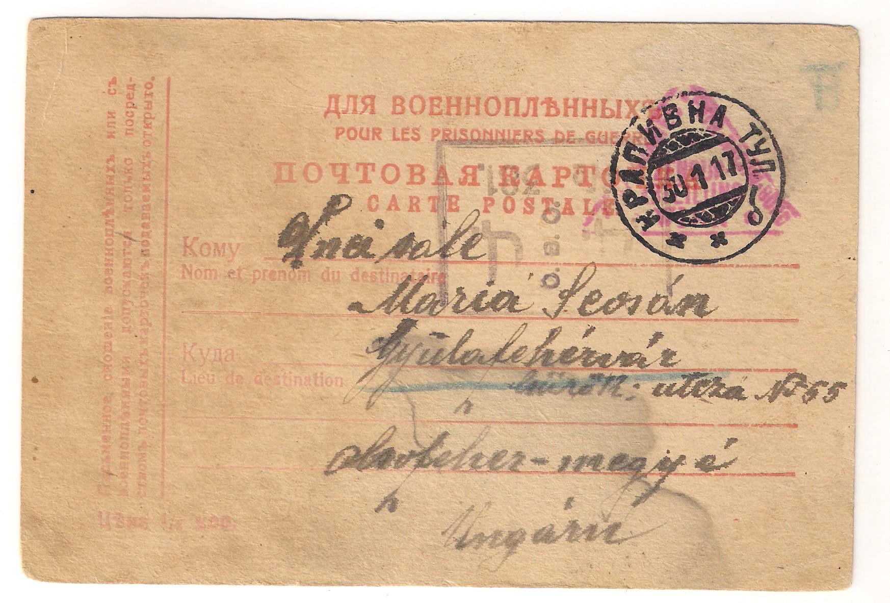 30.01.1917.Reintors pe frontul din Galitia, cade prizonier in Rusia,in lagar din guvernia Tula...