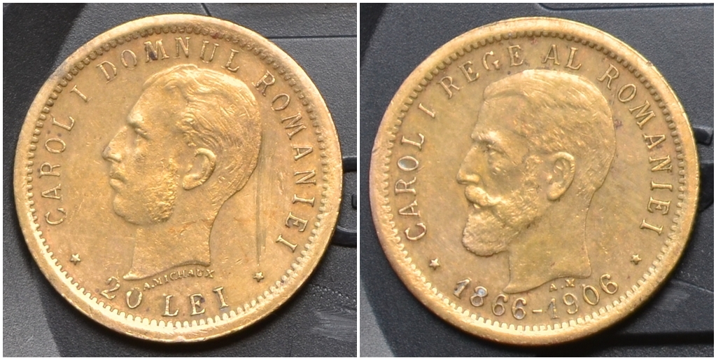 Moneda de 20 de lei cu CAROL I DOMNUL ROMANIEI, semnata A. Michaux.
