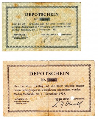 Mediasch Schwundgeld 20, 50 Lei 1933.JPG