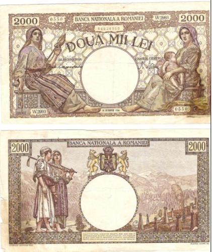 2000lei 10oct1944 VF, reparata cu scotch in partea dreapta jos 20RON
