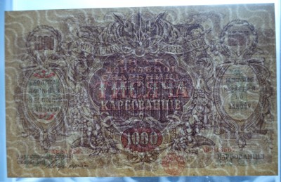 1918- 1000 KARBOVANETS (1919, Ucraina, tiparita la Kamenets-Podolski) (filigran Linii ondulate, serii AH,AO, seria AH815567) (UNC) (208756813- 05.10.2021, 175 lei) SvOvidiu filigran (Medium).JPG
