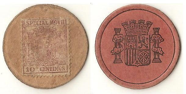 MONEDA DE CARTON CU TIMBRU<br />10 CENTIMOS<br />Aceste monede au fost emise in 24 FEBRUARIE 1938 si au circulat pana la sfarsitul razboiului civil spaniol, sunt destul de rare deaoarece fiind din carton s-au distrus foarte multe prin uzura sau timbrele au fost ref