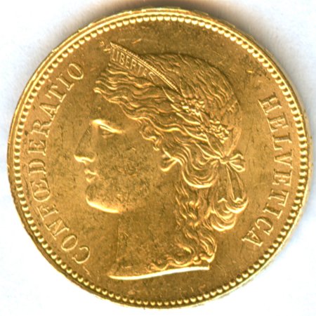 Font view<br />1895 GOLD 20 FRANK SWITZERLAND<br />Weight: 6.4516 g. (0.1867 oz., 0.900 GOLD)<br />Diameter: 22 mm